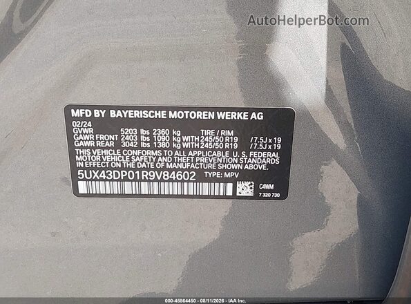5UX43DP01R9V84602 2024 BMW X3 Silver ძრავის განყოფილების ხედი