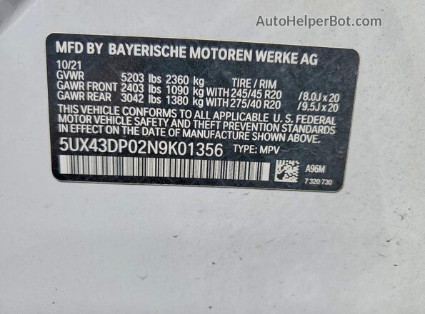 5UX43DP02N9K01356 2022 BMW X3 Белый Вид наклейки с VIN-кодом
