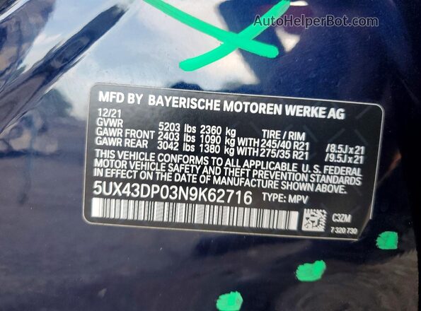 5UX43DP03N9K62716 2022 BMW X3 Blue VIN sticker view