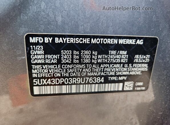 5UX43DP03R9U76384 2024 BMW X3 Silver VIN կոդի պիտակի տեսք