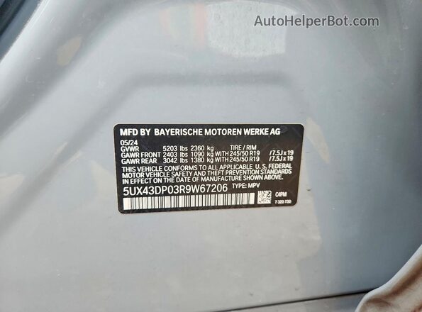 5UX43DP03R9W67206 2024 BMW X3 Gray Вид наклейки з VIN-кодом