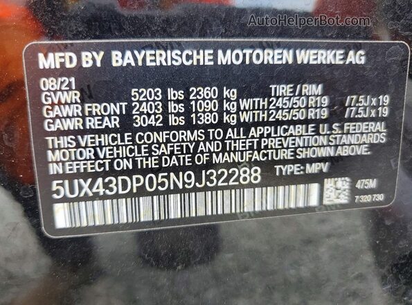 5UX43DP05N9J32288 2022 BMW X3 Black Вид наклейки з VIN-кодом