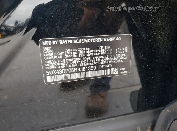 5UX43DP05N9J81359 2022 BMW X3 Black Vista de la etiqueta del VIN