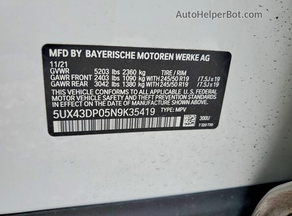 5UX43DP05N9K35419 2022 BMW X3 Белый Вид подкапотного пространства