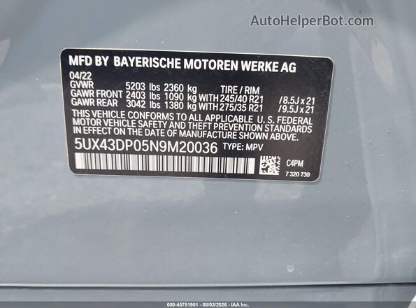 5UX43DP05N9M20036 2022 BMW X3 Gray Widok komory silnika