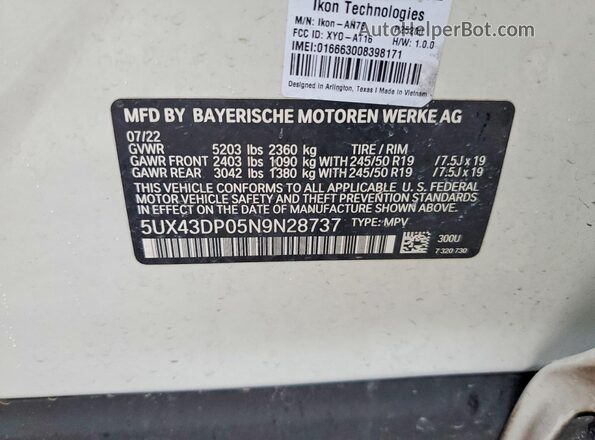 5UX43DP05N9N28737 2022 BMW X3 White VIN sticker view