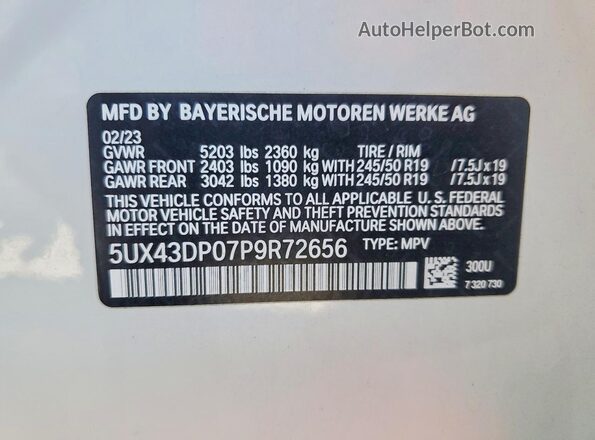 5UX43DP07P9R72656 2023 BMW X3 White სალონის 360-გრადუსიანი ხედი