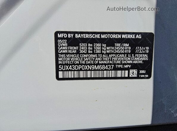 5UX43DP0XN9M68437 2022 BMW X3 White Вид наклейки з VIN-кодом