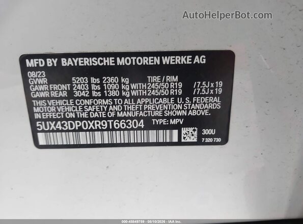 5UX43DP0XR9T66304 2024 BMW X3 White Շարժիչի բաժամունքի տեսք