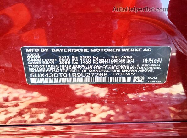 5UX43DT01R9U27268 2024 BMW X4 Burgundy Vista de la etiqueta del VIN