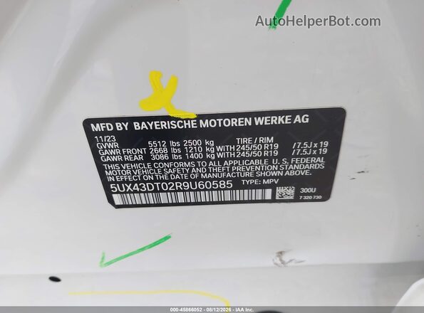 5UX43DT02R9U60585 2024 BMW X4 White Вид підкапотного простору