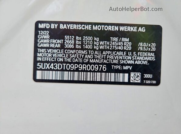 5UX43DT09P9R00976 2023 BMW X4 White VIN sticker view