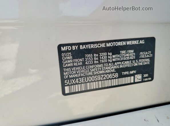 5UX43EU00S9Z20658 2025 BMW X5 White VIN კოდის სტიკერის ხედი