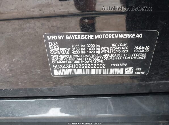 5UX43EU02S9Z02002 2025 BMW X5 Black Շարժիչի բաժամունքի տեսք