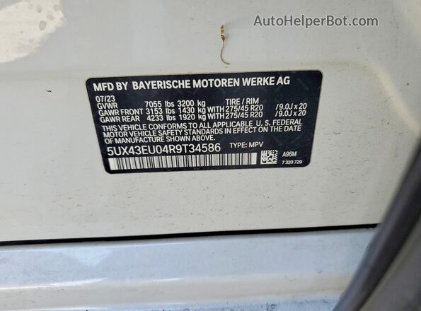 5UX43EU04R9T34586 2024 BMW X5 White Vista de la etiqueta del VIN