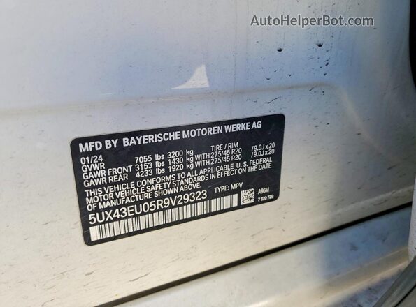 5UX43EU05R9V29323 2024 BMW X5 White VIN sticker view
