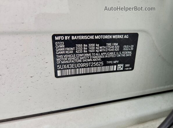5UX43EU09R9T25625 2024 BMW X5 White Вид наклейки з VIN-кодом