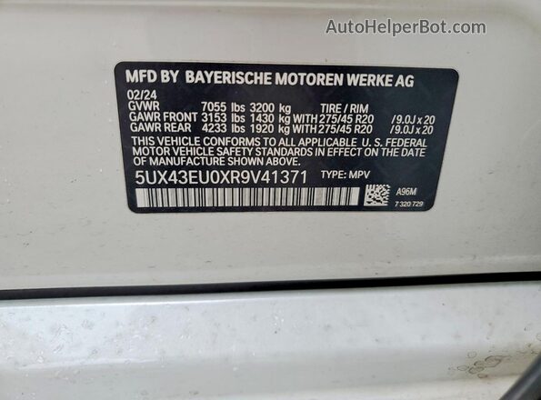 5UX43EU0XR9V41371 2024 BMW X5 White Widok naklejki z numerem VIN