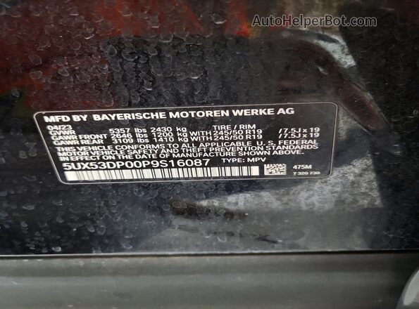 5UX53DP00P9S16087 2023 BMW X3 Black Widok naklejki z numerem VIN