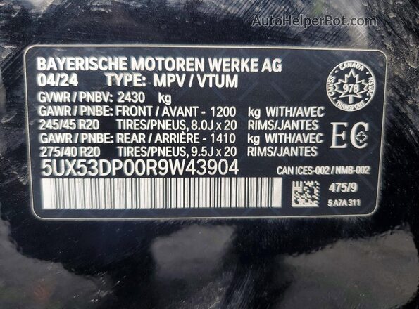 5UX53DP00R9W43904 2024 BMW X3 Black Панорамний вид салону 360°