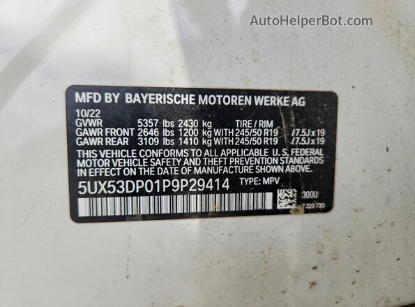 5UX53DP01P9P29414 2023 BMW X3 White VIN კოდის სტიკერის ხედი