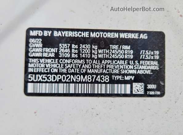 5UX53DP02N9M87438 2022 BMW X3 White Widok wnętrza 360 stopni