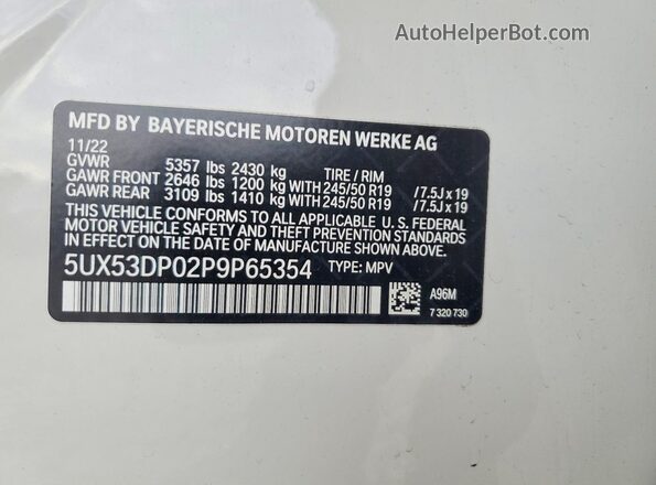 5UX53DP02P9P65354 2023 BMW X3 White Vista de la etiqueta del VIN