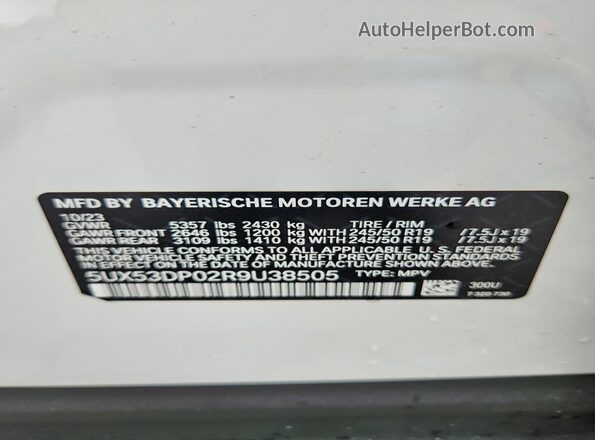 5UX53DP02R9U38505 2024 BMW X3 White VIN sticker view