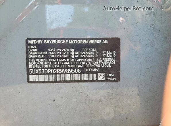 5UX53DP02R9V89506 2024 BMW X3 Gray VIN sticker view