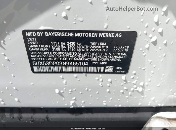 5UX53DP03N9K65104 2022 BMW X3 White Вид підкапотного простору