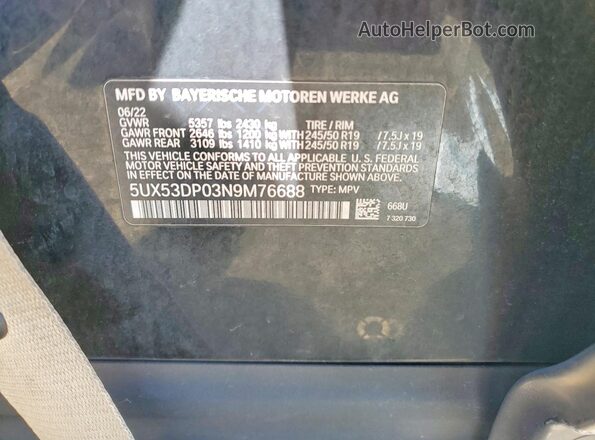 5UX53DP03N9M76688 2022 BMW X3 Black Սալոնի 360 աստիճան տեսք