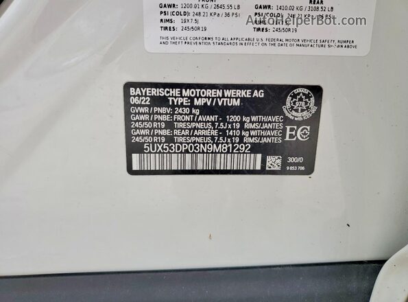 5UX53DP03N9M81292 2022 BMW X3 White Vista de la etiqueta del VIN