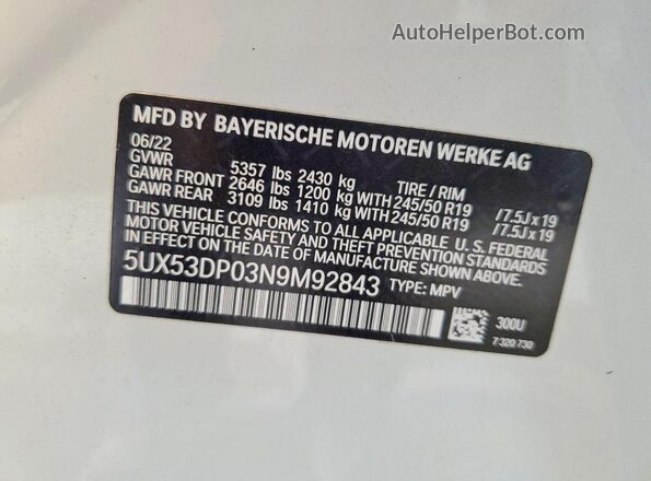 5UX53DP03N9M92843 2022 BMW X3 White VIN კოდის სტიკერის ხედი