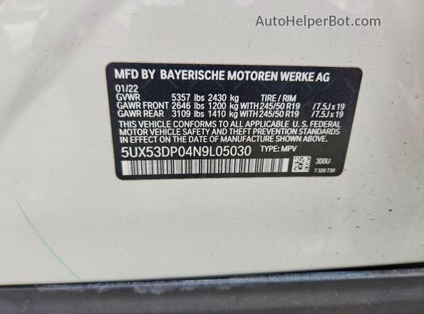 5UX53DP04N9L05030 2022 BMW X3 White VIN sticker view