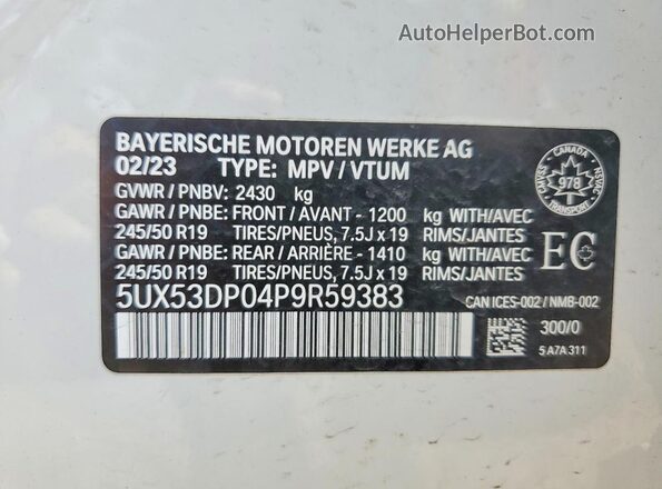 5UX53DP04P9R59383 2023 BMW X3 White VIN կոդի պիտակի տեսք