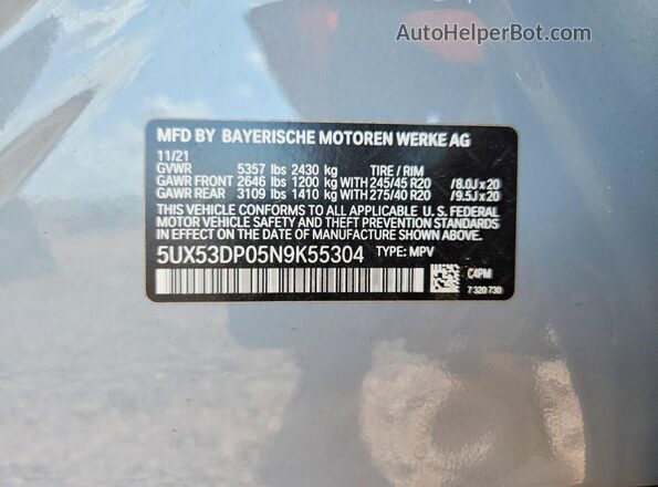 5UX53DP05N9K55304 2022 BMW X3 Серый Панорамный вид салона 360°