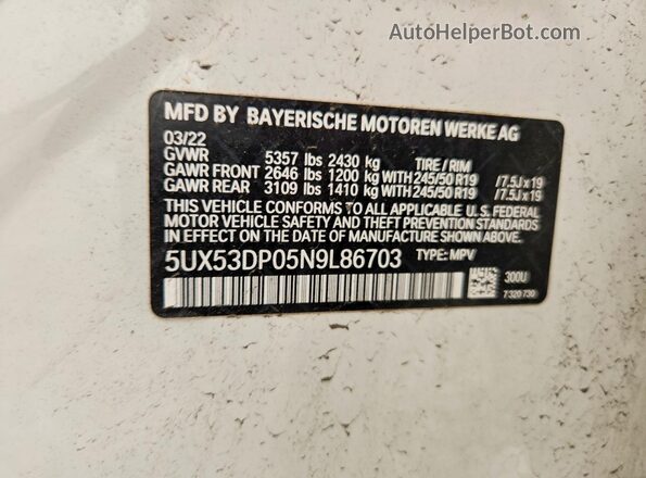 5UX53DP05N9L86703 2022 BMW X3 Белый Вид наклейки с VIN-кодом