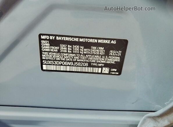 5UX53DP06N9J58208 2022 BMW X3 Gray VIN sticker view