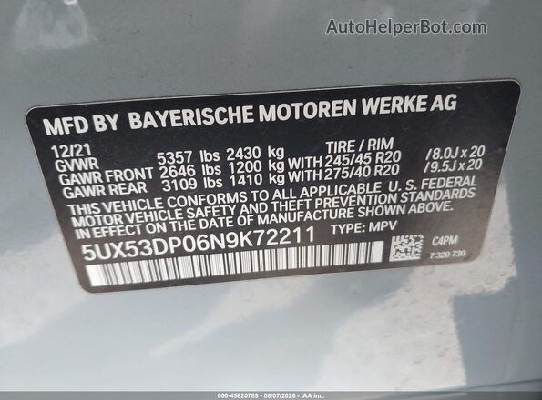 5UX53DP06N9K72211 2022 BMW X3 Gray Vista del compartimento del motor