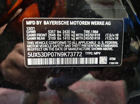 5UX53DP07N9K73772 2022 BMW X3 Black VIN კოდის სტიკერის ხედი
