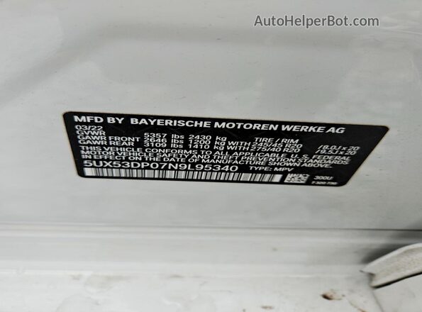 5UX53DP07N9L95340 2022 BMW X3 Белый Вид наклейки с VIN-кодом