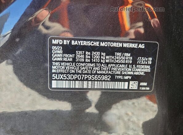 5UX53DP07P9S65982 2023 BMW X3 Charcoal Вид наклейки з VIN-кодом