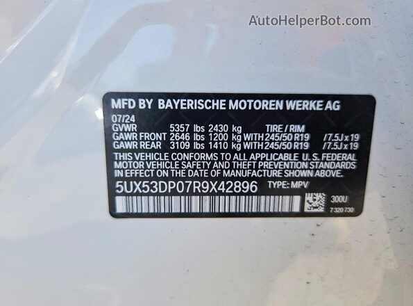 5UX53DP07R9X42896 2024 BMW X3 White VIN კოდის სტიკერის ხედი