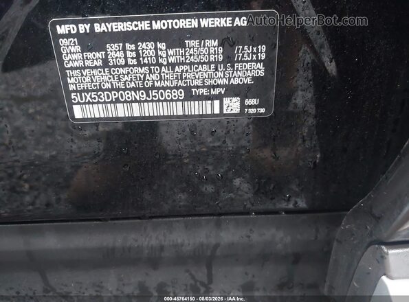 5UX53DP08N9J50689 2022 BMW X3 Black Շարժիչի բաժամունքի տեսք