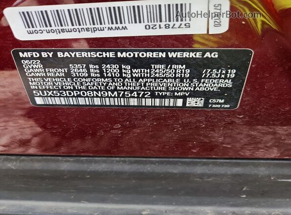 5UX53DP08N9M75472 2022 BMW X3 Burgundy Widok naklejki z numerem VIN