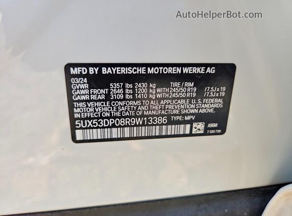 5UX53DP08R9W13386 2024 BMW X3 Белый Вид наклейки с VIN-кодом