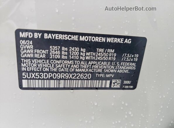 5UX53DP09R9X22620 2024 BMW X3 White VIN sticker view