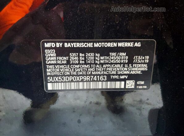 5UX53DP0XP9R74163 2023 BMW X3 Black Вид наклейки з VIN-кодом