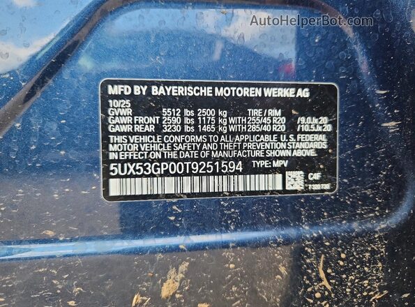 5UX53GP00T9251594 2026 BMW X3 Blue Շարժիչի բաժամունքի տեսք