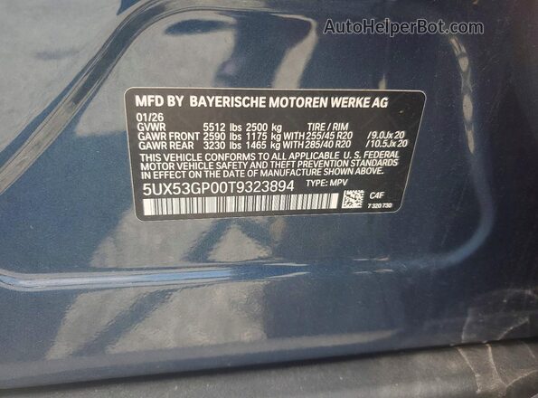 5UX53GP00T9323894 2026 BMW X3 Blue VIN კოდის სტიკერის ხედი